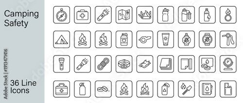 Vector Line Icon Set of 36 Camping Safety and Outdoor Survival Icons Featuring Compass, First Aid Kit, Flashlight, Map, Multi-tool, Water Filter, Campfire, Whistle, Sunscreen, and Rope Equipment