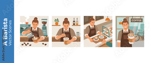 Set of 4 Flat Vector Illustrations of a Professional Female Barista Crafting Specialty Coffee, Pouring Latte Art, Drawing a Heart, Serving Drinks on a Tray, and Holding a Takeaway Cup in a Cafe.