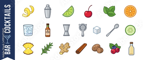Professional collection of mixology icons featuring cocktail ingredients and bar tools like shaker, jigger, strainer, bitters, fresh fruits, herbs, and spices for drink preparation and recipes.