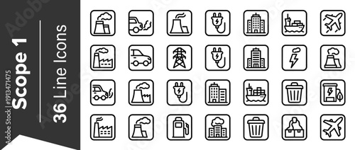 Scope 1 2 3 Emissions Reporting Icon Set: 36 Bold Line Vectors for Carbon Footprint, Greenhouse Gas Tracking, Industrial Pollution, Energy Consumption, Transport, and Environmental Sustainability.