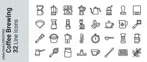 Set of 32 Coffee Brewing Line Icons featuring Barista Equipment like Espresso Machine, French Press, Moka Pot, Grinder, Kettle, Scale, Tamper, Chemex, Siphon, and Beans for Cafe and Kitchen Design.