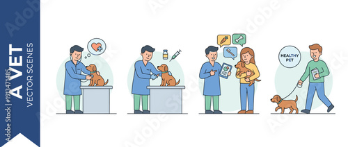 Veterinary Clinic Scenes Set with Vet Examining Dog with Stethoscope, Giving Vaccination Injection, Providing Health Advice to Pet Owner, and Happy Man Walking Healthy Dog on Leash Illustration