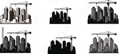 City skyline silhouettes with construction cranes, urban development vector set, modern architecture, building design, infrastructure growth, black city outlines