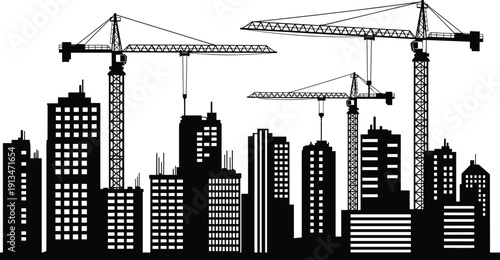 City Skyline Under Construction Vector Silhouette, Tower Cranes Above Downtown Buildings, Representing Urban Development, Engineering, Real Estate, and Cityscape Growth
