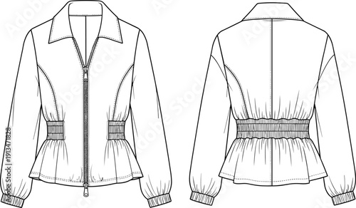 Classic bomber jacket technical flat sketch vector illustration, front and back views with striped ribbed trims, for fashion design templates.