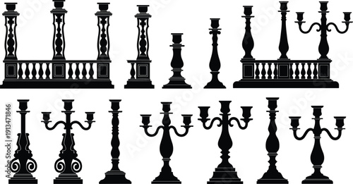 Classic candle holders silhouette set, vintage candelabra shapes, elegant black decor elements, baroque style lighting, isolated vector illustration on white background