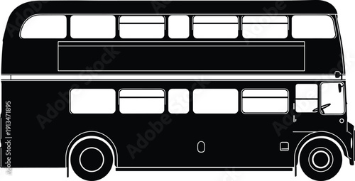 Classic double decker bus silhouette side view, iconic urban public transport vehicle, city travel and tourism concept, black and white vector illustration design