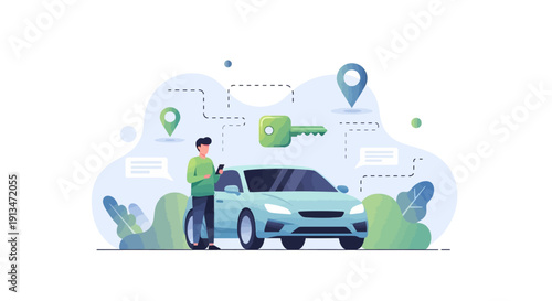 Car Sharing Service Mobile App Interface with Map Navigation and Key