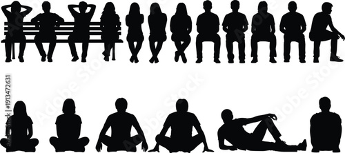 Set of diverse people silhouettes sitting on benches and floor in various relaxed poses for community social gathering public space and lifestyle design concepts