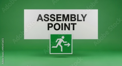 Assembly Point Sign Indicating Evacuation Route On Green Background Ready For Design