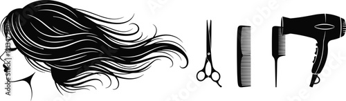 Black Silhouette of Beautiful Woman with Long Wavy Hair Beside Professional Salon Tools Including Scissors Combs and Hair Dryer for Hairdressing Services