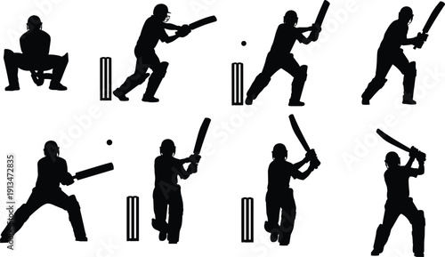 Black Silhouette Set of Cricket Batsmen Hitting Different Batting Shots Including Pull Drive and Defense for Sports Championship Design Graphics
