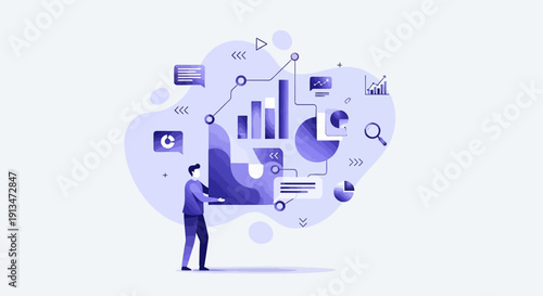 Man analyzing data with charts and graphs, business analytics concept illustration