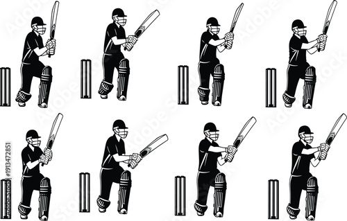 Black Silhouette Set of Cricket Batsmen in Various Batting Positions Including Defensive and Aggressive Shots for Sports Competition Design Elements