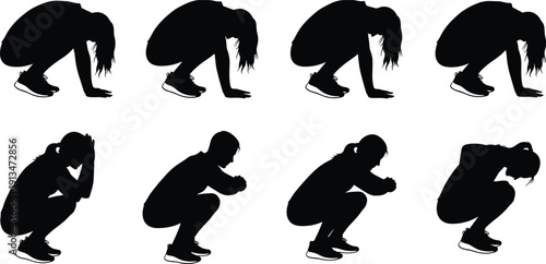 Black Silhouette Set of People in Mourning and Crouching Poses Representing Sadness Grief Depression and Emotional Mental Distress