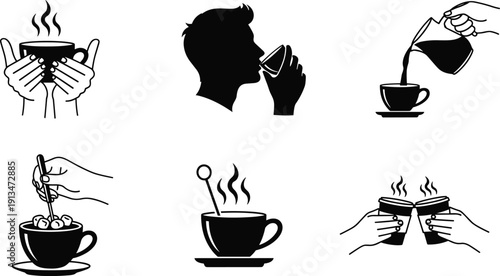 Collection of coffee cup illustrations showing drinking, pouring, stirring, steaming, clinking, and serving actions representing preparation and social enjoyment