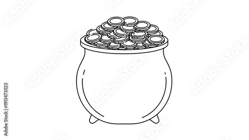 Simple black and white line art illustration of a traditional pot filled to the brim with gold coins on a plain white background.