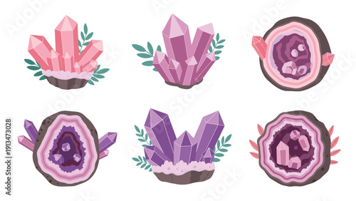 Artistic collection of colorful crystal clusters and sliced geode sections decorated with delicate pink and green foliage elements.