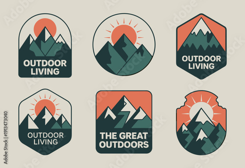 Vintage Outdoor Adventure Emblems Featuring Mountain Landscapes and Rising Sun in Earthy Tones