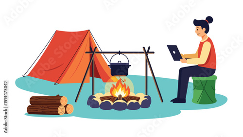 Young woman working remotely on her laptop while enjoying a camping trip by the fire next to her orange tent in the great outdoors.