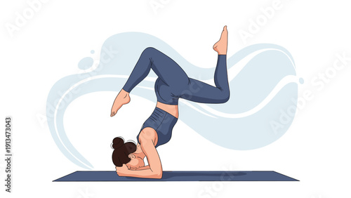 Athletic woman demonstrating an advanced yoga pose or headstand on a mat with artistic abstract swirling shapes in the background.