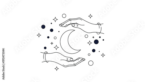 Mystical line art illustration of human hands delicately cupping a crescent moon surrounded by stars and celestial dot patterns.