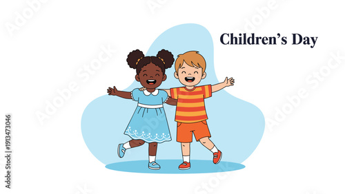 Two diverse and happy children hugging while celebrating Children's Day in a cheerful and bright vector character illustration.
