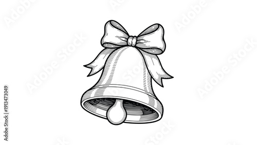 Classic vintage engraving of a bell adorned with a large decorative ribbon bow in a detailed black and white illustration style.
