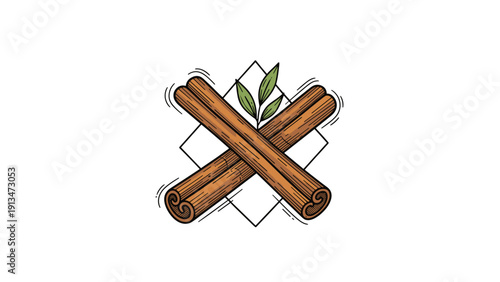 Vintage style hand-drawn illustration of two crossed cinnamon sticks with green leaves set against a simple geometric background.