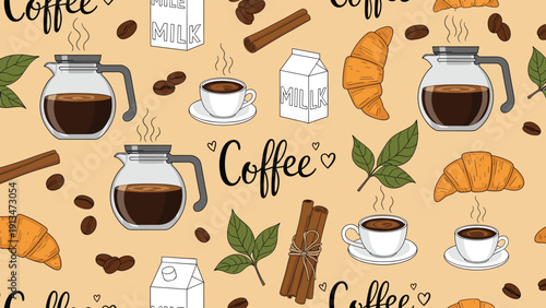 Detailed seamless pattern featuring coffee pots, cups, milk cartons, croissants, and aromatic cinnamon sticks on a beige background.
