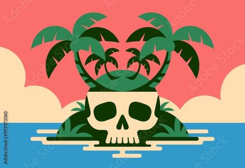 Tropical Skull Island with Palm Trees and Vibrant Sunset in Bold Colors