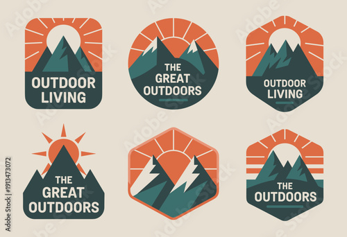 Vintage Outdoor Adventure Emblems Featuring Mountain Landscapes and Rising Sun in Earthy Tones