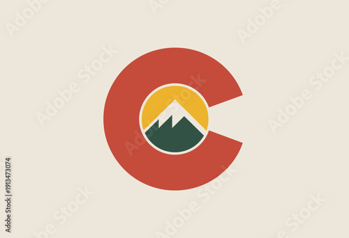 Stylized Colorado Logo Featuring Majestic Mountains and Sun in Bold Colors