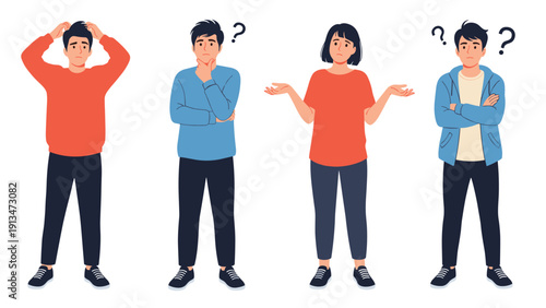 Group of four diverse young people showing expressions of confusion and doubt with question marks floating around their heads.
