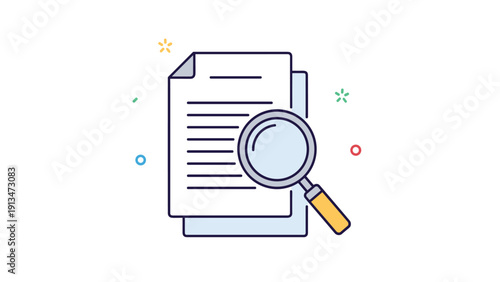 Business icon showing a magnifying glass placed over a paper document with text to represent data analysis or search concepts.
