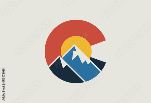 Stylized Colorado Logo Featuring Majestic Mountains and Sun in Bold Colors