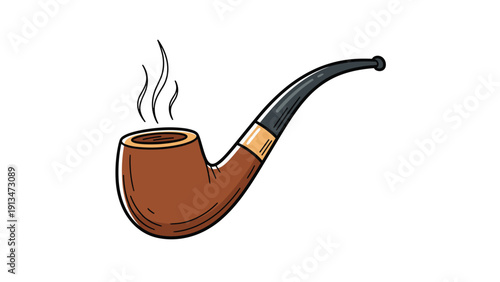 Detailed vintage illustration of a classic wooden tobacco smoking pipe with swirling smoke rising from the bowl on white background.