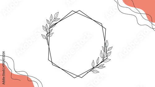 Minimalist hexagonal geometric frame decorated with delicate leaf branches and abstract organic shapes in soft coral tones for invitations or cards.