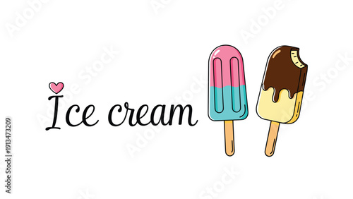 Hand drawn illustration of two delicious ice cream popsicles, one strawberry and blue mint and one chocolate coated vanilla, for summer treat theme.