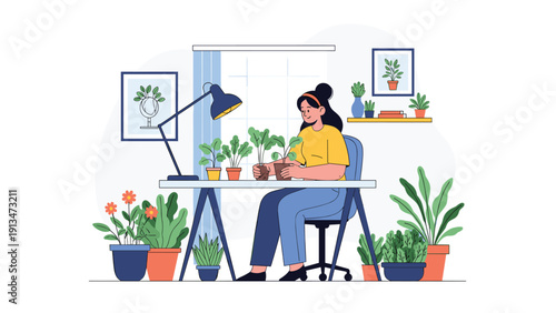 Young woman enjoys her hobby of indoor gardening while potting various green plants on a desk in a cozy room with lamps and wall pictures.