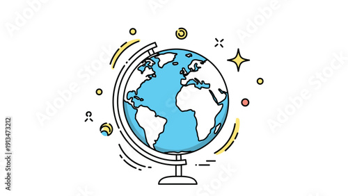 Colorful educational world globe on a stand showing continents and oceans with decorative stars and motion lines on a clean white background.