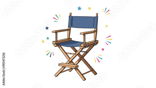 Classic wooden director chair with blue fabric seat and backrest surrounded by colorful stars and bursts signifying fame and cinema production.