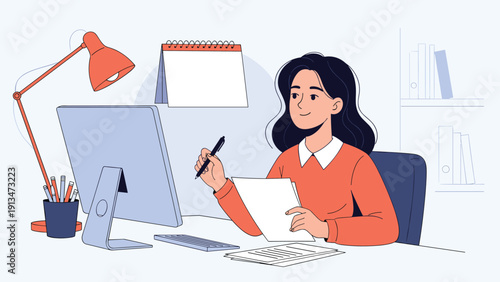 Hardworking young woman sitting at her office desk with a computer, calendar, and lamp while holding papers and a pen to organize her tasks.