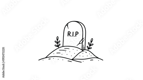 Simple hand drawn sketch of a lonely tombstone with the letters rip on a small hill with plants under a clear sky for cemetery theme.