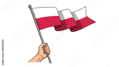 Human hand firmly holding and waving the national flag of Poland on a metallic pole against a plain white background for patriotic events.