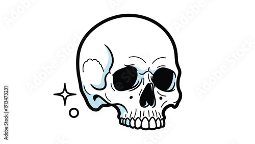 Detailed anatomical skull illustration with blue highlights and a decorative star and circle element on a white background for gothic art.