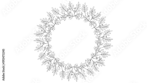 Elegant circular wreath made of delicate hand drawn leaf branches in black and white line art style for vintage or wedding design projects.