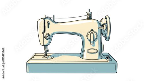 Vintage style electric sewing machine on a table used for tailoring and dressmaking crafts, shown in a clean line art illustration style.