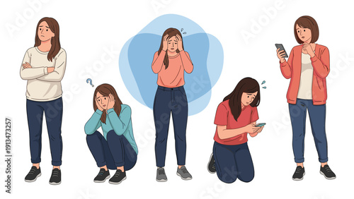 Five different poses of a young woman experiencing stress, anxiety, and sadness while using her smartphone or standing in deep thought.
