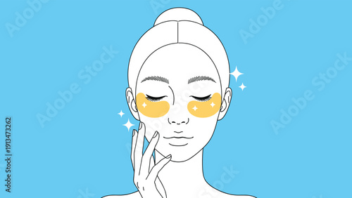 Young woman with closed eyes applying gold hydrogel eye patches for skincare and beauty routine against a solid blue background.